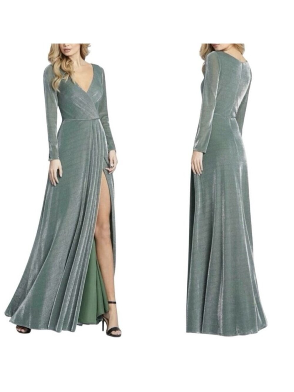 IEENA for Mac Duggal Faux Wrap Gown Maxi Dress Sz 12 Jade Green Metallic stretch